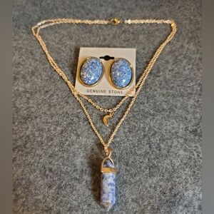 Sodalite Necklace Earrings Set Blue Stone Goldtone Crescent Moon Jewelry